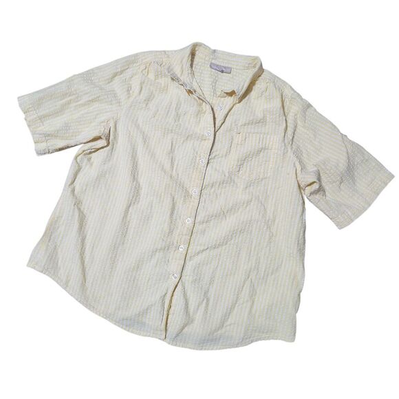Woman Within Seersucker Shirt Plus Size 22 24 1X Yellow White Stripe Short Sleev - Picture 1 of 10